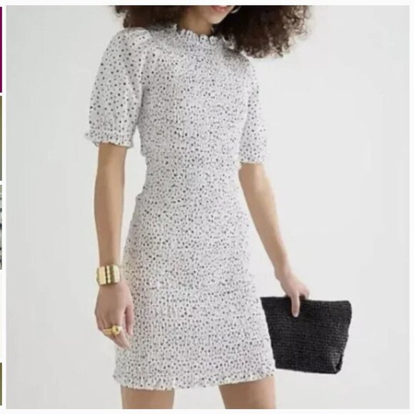 J. Crew Puff-Sleeve Smocked Mini Dress In Dot Women's 2X White Navy Stretch - Picture 2 of 16